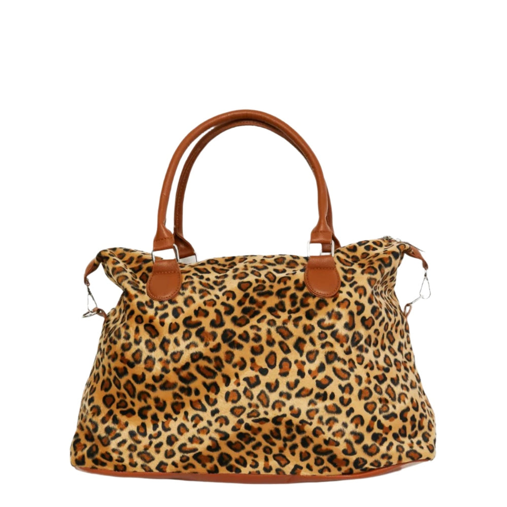 Medium Leopard Print Faux Rabbit Fur Weekender Handbag