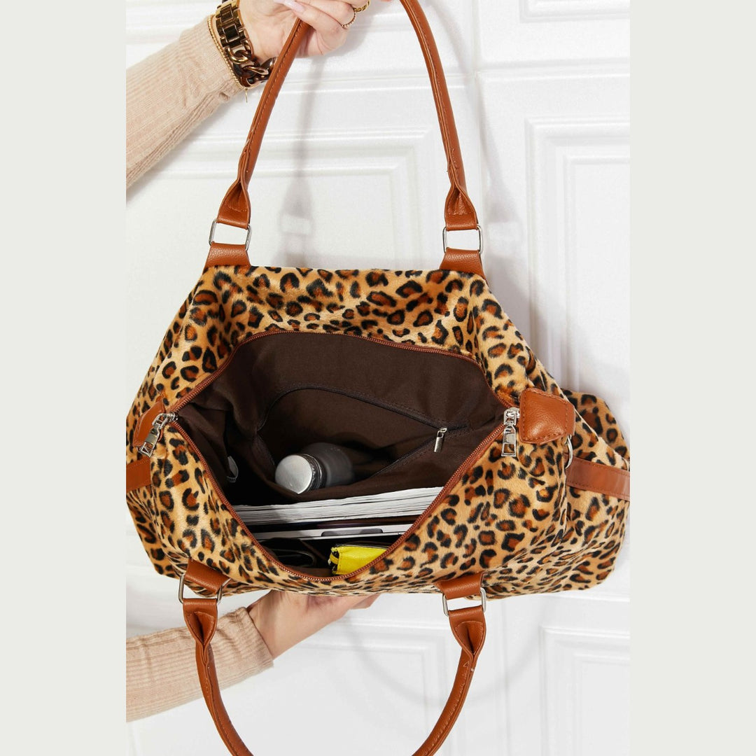 Medium Leopard Print Faux Rabbit Fur Weekender Handbag