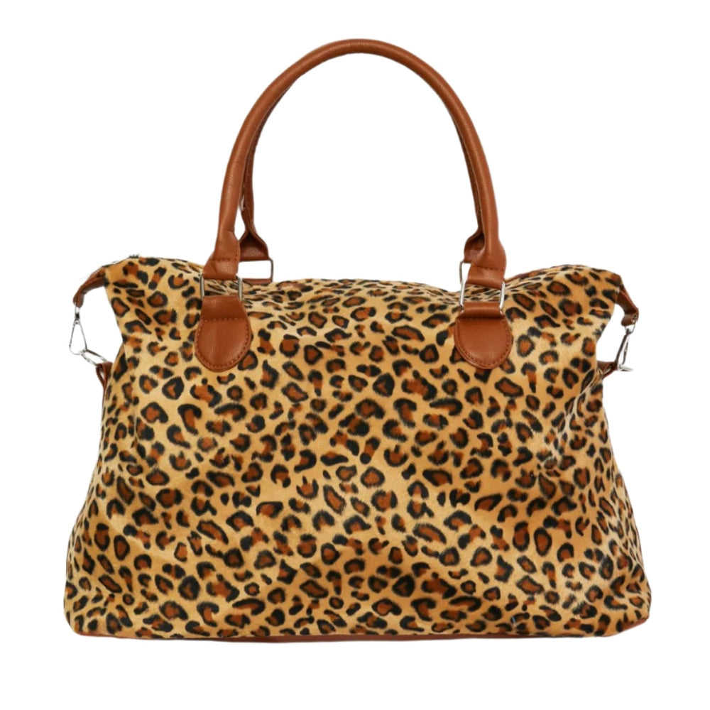 Medium Leopard Print Faux Rabbit Fur Weekender Handbag