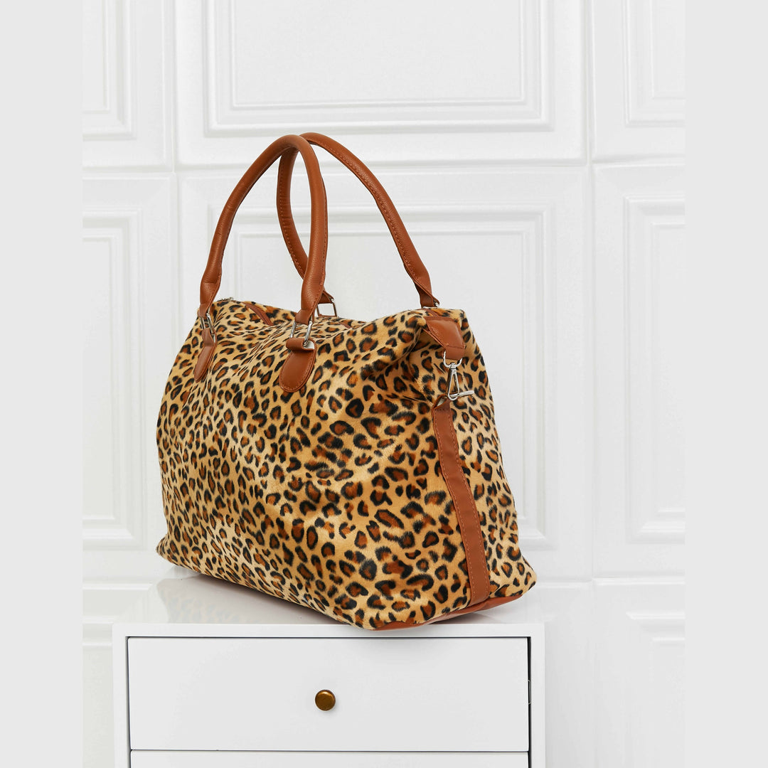 Medium Leopard Print Faux Rabbit Fur Weekender Handbag